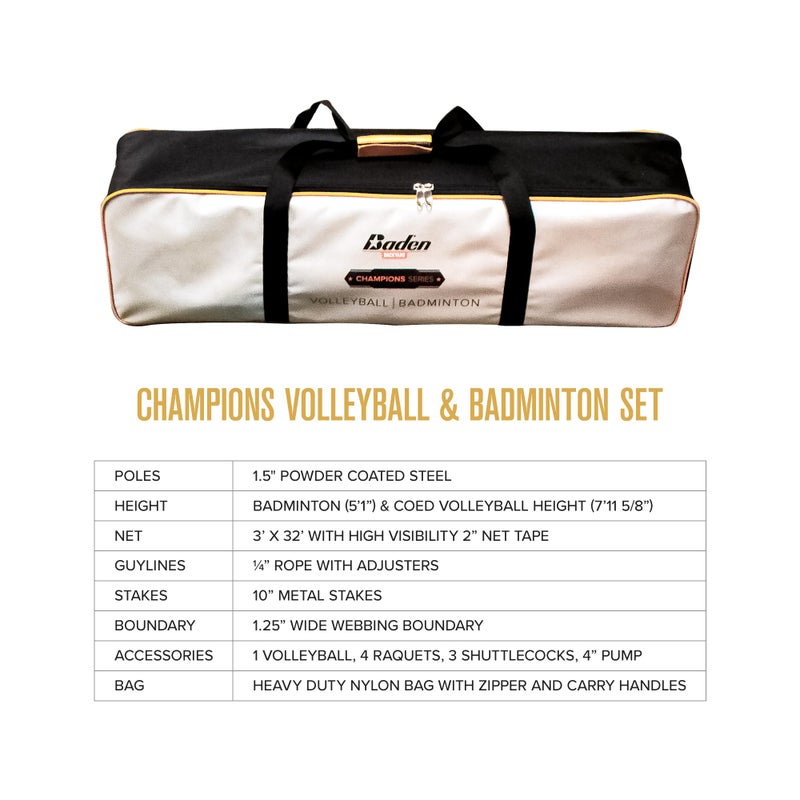 Baden Champions Volleyball/Badminton Portable Combo Set Orange/Blue Official Size 32 ft Wide Net + 4 Raquets + 3 Birdies + Boundary + Volleyball + Pump + Carry Bag - Image 5